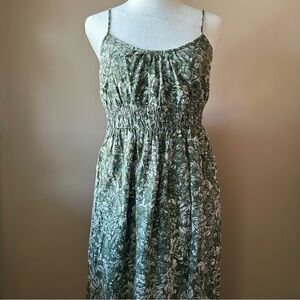 Treasure & Bond Smocked Green Floral Linen Blend Midi Dress